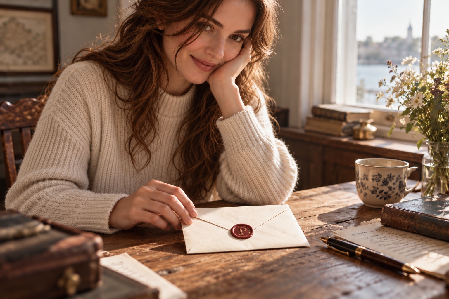 A smiling woman in a cream sweater at a sunlit wooden desk, holding an envelope closed with a red wax seal stamped P, beside a fountain pen and a handwritten letter.